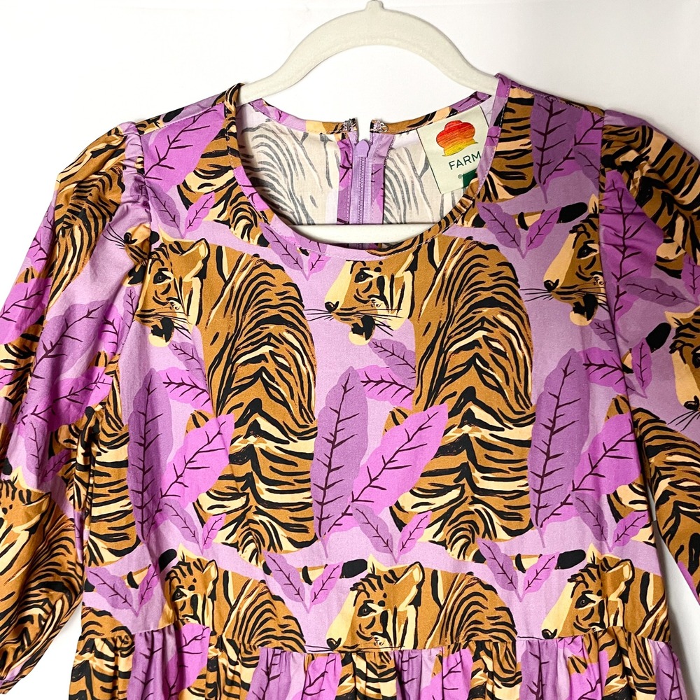 Farm‎ Rio Tiger Leaves Dress Purple Mini Tiered Short Puff Sleeve Casual Sz XS - Picture 3 of 9